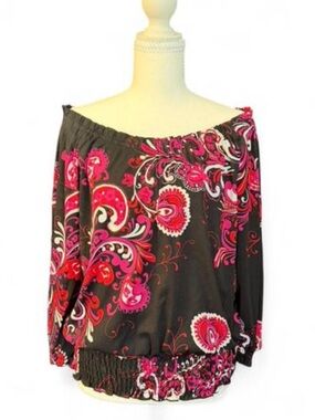 INC International Concepts Black Blouse with Vibrant Color Paisley Design